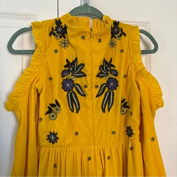 Anthropology Frock & Frill yellow velvet cold-shoulder dress w floral embroidery - Picture 13 of 15